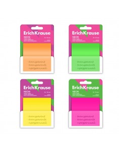 ErichKrause Neon Bloc de 50 Notas Adhesivas Reposicionables - Plastico - 75x75mm - Pegamento a Base de Agua - Colores Surtidos
