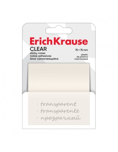 ErichKrause Clear Bloc de 50 Notas Adhesivas Reposicionables - Plastico - 75x75mm - Pegamento a Base de Agua - Color