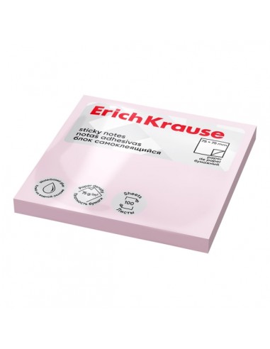 ErichKrause Bloc de 100 Notas Adhesivas Reposicionables - Papel de 75g m2 - 75x75mm - Pegamento a Base de Agua - Color Rosa
