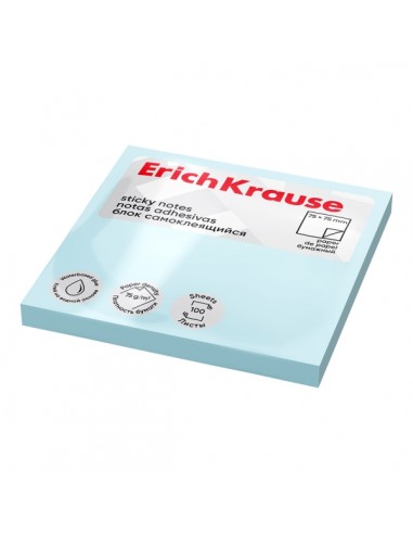 ErichKrause Bloc de 100 Notas Adhesivas Reposicionables - Papel de 75g m2 - 75x75mm - Pegamento a Base de Agua - Color Azul
