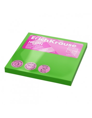 ErichKrause Neon Bloc de 100 Notas Adhesivas Reposicionables - Papel de 75g m2 - 75x75mm - Pegamento a Base de Agua - Color