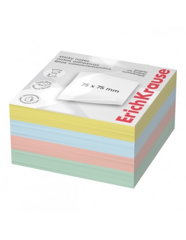 ErichKrause Bloc de 400 Notas Adhesivas Reposicionables - Papel de 75g m2 - 75x75mm - Pegamento a Base de Agua - Colores