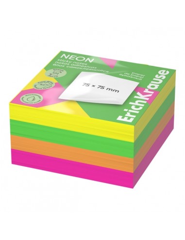 ErichKrause Neon Bloc de 400 Notas Adhesivas Reposicionables - Papel de 75g m2 - 75x75mm - Pegamento a Base de Agua - Colores