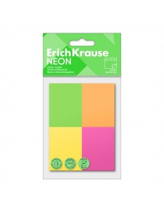 ErichKrause Neon Pack de 4 Blocs de 100 Notas Adhesivas Reposicionables - Papel de 75g m2 - 40X50mm - Pegamento a Base de