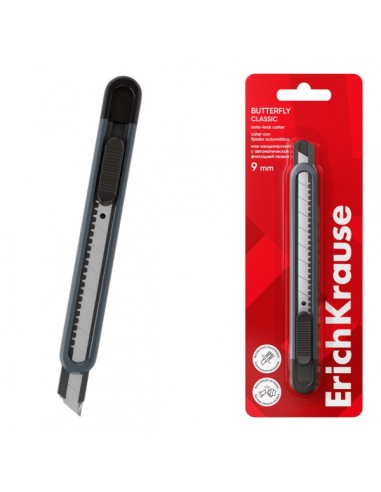 ErichKrause Butterfly Classic Cuter con Fijador Automatico - Metalico - Hoja de 9mm de Ancho - Cuerpo en Plastico - Color Gris