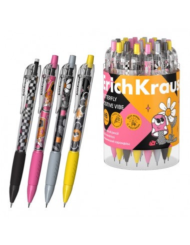 ErichKrause Butterfly Positive Vibe Portaminas - Mina HB de 0.7mm - Goma de Borrar Integrada - Ergonomico - Colores Surtidos