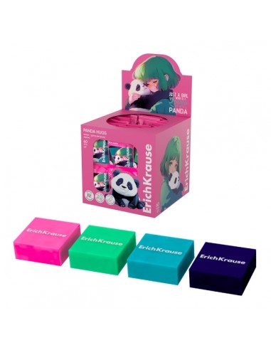 ErichKrause Panda Hugs Expositor con 60 Gomas de Borrar - PVC Ecologico - Hipoalergenico - No Deja Residuos - Colores Surtidos