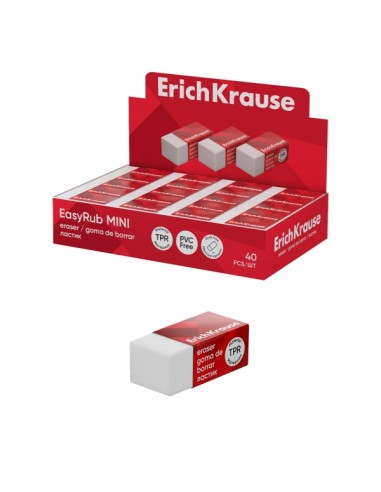 ErichKrause EasyRub Mini Expositor con 40 Gomas de Borrar - Caucho Termoplastico - No Deja Residuos - Libre de PVC - Color