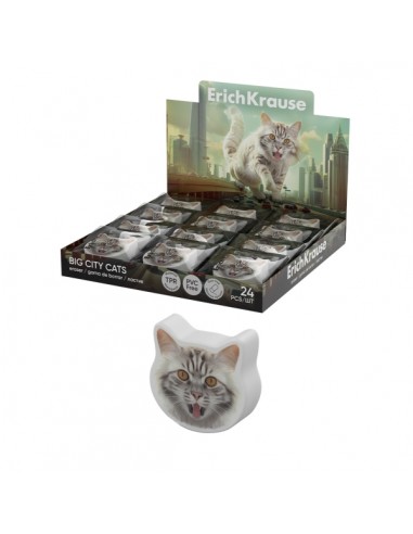 ErichKrause Big City Cats Expositor con 24 Gomas de Borrar - Caucho Termoplastico - No Deja Residuos - Libre de PVC - Color