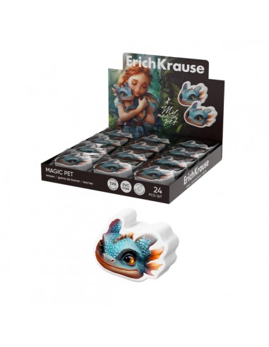 ErichKrause Magic Pet Expositor con 24 Gomas de Borrar - Caucho Termoplastico - No Deja Residuos - No Rasga el Papel - Color