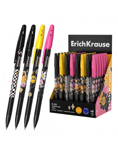 ErichKrause R-301 Stick Positive Vibe Expositor con 48 Boligrafos con Capuchon - Modelos Surtidos - Trazo 0.35mm - Tinta de