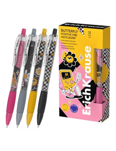 ErichKrause Butterfly Matic and Grip Positive Vibe Boligrafo Retractil - Modelos Surtidos - Trazo 0.28mm - Zona de Agarre de