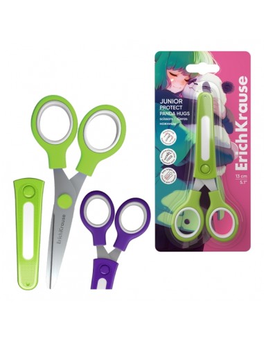 ErichKrause Junior Protect Panda Hugs Tijeras de 13cm - Puntas Redondeadas - Funda Protectora - Mangos de Plastico Resistente