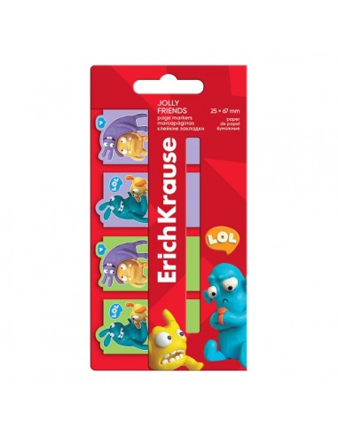 ErichKrause Jolly Friends Pack de 4 Blocs de 20 Marcadores de Pagina - Reposicionables - Papel de 75g m2 - 25X67mm - Colores