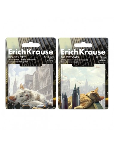 ErichKrause Big City Cats Bloc de 50 Notas Adhesivas Reposicionables - Papel de 75g m2 - 75x75mm - Pegamento a Base de Agua -