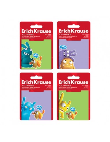 ErichKrause Jolly Friends Bloc de 50 Notas Adhesivas Reposicionables - Papel de 75g m2 - 75x75mm - Pegamento a Base de Agua -