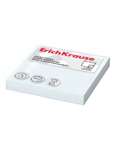 ErichKrause Bloc de 100 Notas Adhesivas Reposicionables - Papel de 75g m2 - 75x75mm - Pegamento a Base de Agua - Color Blanco
