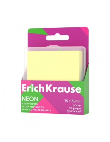 ErichKrause Neon Bloc de 80 Notas Adhesivas Reposicionables - Papel de 75g m2 - 75x75mm - Caja de Plastico - Pegamento a Base