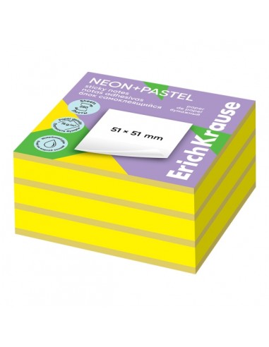 ErichKrause Neon Pastel Bloc de 250 Notas Adhesivas Reposicionables - Papel de 75g m2 - 51X51mm - Pegamento a Base de Agua -