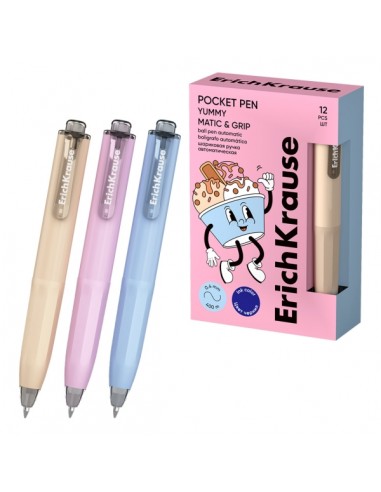 ErichKrause Pocket Pen Matic and Grip Yummy Boligrafo Retractil - Modelos de Cuerpo Surtidos - Trazo 0.4mm - Zona de Agarre