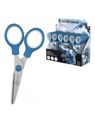 ErichKrause Junior Techno Dino Expositor con 18 Tijeras de 13cm - Mangos de Plastico Resistente a Golpes - Ergonomicas -