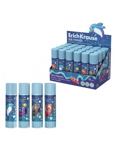 ErichKrause EasyStick Sea Friends Expositor con 24 Pegamentos en Barra - 15g - sin Residuos - No Mancha - Multisuperficie -