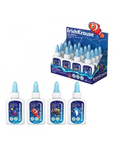 ErichKrause EasyStick Sea Friends Expositor con 16 Botellas de Cola Blanca - 40ml - Aplicador Autolimpiante - No Toxico -