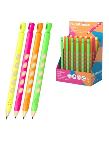 ErichKrause GripLine Neon Expositor con 24 Portaminas - Mina HB de 2.0mm - Agarre Triangular - Sacapuntas Integrado -