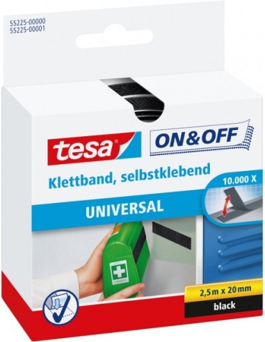 Tesa On & Off Cinta de Velcro 20mm x 2.5m - Se puede Abrir y Cerrar hasta 10.000 Veces - Color Negro