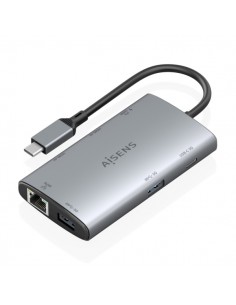 Aisens USB-C Dock 7 en 1 - USB-C a 2xHDMI 4K - 1xRJ45 - 2xUSB-A 3.0 - 1xUSB-C - 1xUSB-C PD 100W - 20cm - Color Gris