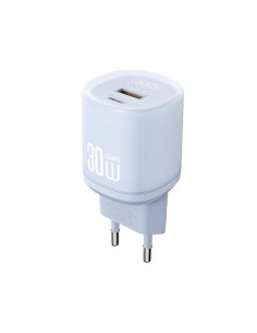 XO L151 Cargador de Pared - Potencia 30W - Tecnologia GaN - USB-A y USB-C - Carga Rapida - Doble Puerto - Compacto - Color