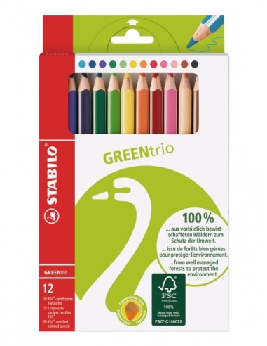 Stabilo GREENtrio-Pack con 12 Lapices de Colores - Mina de 2.5mm - Ideal para el Colegio - Colores Surtidos