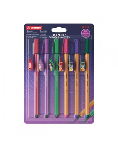 Stabilo Pen 68 y Point 88 K-Pop Demon Hunter Pack con 3 Rotuladores de Punta de Fibra Point 88-3 Rotuladores Pen 68 - Tinta