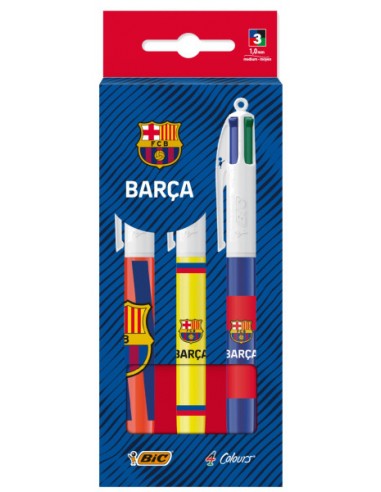 Bic 4 Colours BarÃ§a Pack con 3 Boligrafos de Bola Retractil - 3 DiseÃ±os Diferentes - Punta Media de 1.0mm