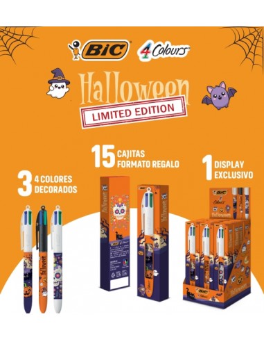 Bic 4 Colours Halloween Expositor con 15 Boligrafos de Bola Retractil - 3 DiseÃ±os Diferentes - En Caja Individual - Punta