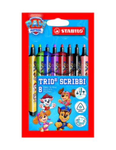 Stabilo Trio Scribbi Patrulla Canina Pack con 8 Rotuladores con DiseÃ±os de la Patrulla Canina - Punta de Fibra Amortiguada