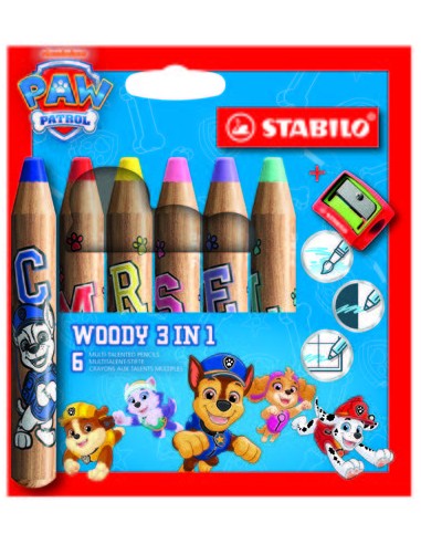 Stabilo Woody 3 en 1 Patrulla Canina Pack de 8 Lapices de Colores con DiseÃ±os de la Patrulla Canina-Sacapuntas - Lapiz