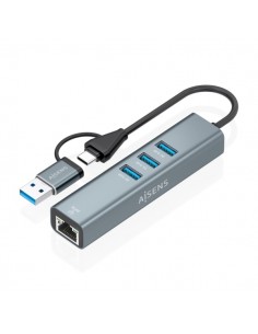 Aisens Conversor USB3.2 Gen1-USB-C a Ethernet Gigabit 10 100 1000 Mbps - Hub 3xUSB3.0 - 15cm - Color Gris