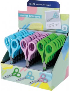 Plus Junior Expositor con 24 Tijeras Escolares 15.5cm - Punta Ligeramente Redondeada - Colores Surtidos