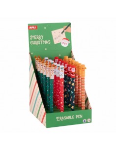 Apli Navidad Expositor con 24 Boligrafos de Tinta Gel Borrables - Trazo 0.7mm - 4 Divertidos DiseÃ±os NavideÃ±os - Tinta
