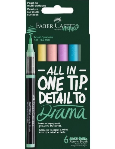 Faber-Castell Multimark Acrylic Brush Pack con 6 Rotuladores Acrilicos Punta Pincel - Trazo de 1 a 6mm - Tinta Acrilica a