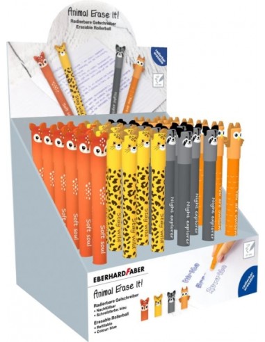 Eberhard Faber Animal Erase It-Expositor con 36 Boligrafos Borrables - Trazo 0.7mm - Capuchon con Formas de Animales - Tacto