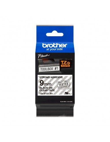 Brother TZeS121 Cinta Laminada Super Adhesiva Original de Etiquetas - Texto negro sobre fondo transparente - Ancho 9mm x 8