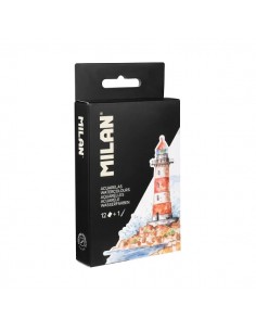 Milan Art Estuche Metalico de 12 Acuarelas-Pincel de Agua-Esponja Limpiadora-Paleta para mezclar - Formato de Viaje -