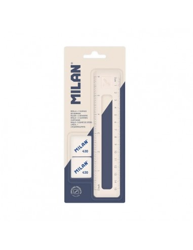 Milan Serie 430 Pack con Regla 15cm-2 Gomas 430 - Numeracion en Centimetros y Pulgadas - Vaciado Interior - Colores