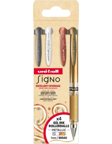 Uni-ball Signo Broad UM-153 Pack con 4 Boligrafos de Tinta Gel - Punta de Bola 1mm - Trazo Estilografico - Sujecion de Caucho