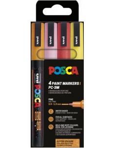 Posca PC-3M Pack con 4 Marcadores de Pintura - Punta Conica 0.9-1.3mm - Tinta Base al Agua - Resistente a la Luz - Colores