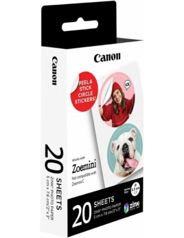 Canon Zink Pack de 20 Hojas de Papel Fotografico Circular Precortado - 2 Circulos de Ã 33mm por Hoja - Despega la parte