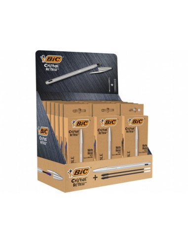 Bic Cristal Re´new Expositor de 21 Boligrafos de Bola con Cuerpo Metalico-2 Recambios - 15 Tinta Azul y 6 Tinta Negra -