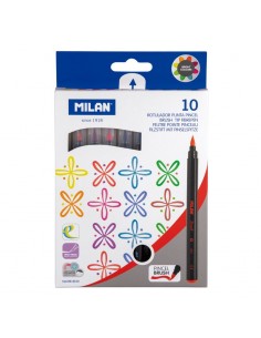 Milan Pack de 10 Rotuladores Punta Pincel - Trazo de 0.5mm a 4mm - Tinta a Base de Agua - Lavable - Colores Surtidos